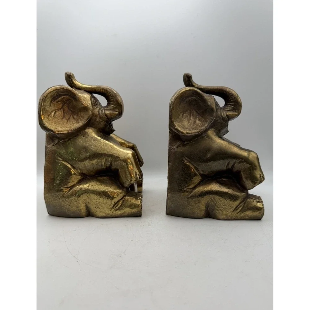 Vintage Brass Elephant Bookends Pair Mid Century Heavy Gold Tone Elephant Decor